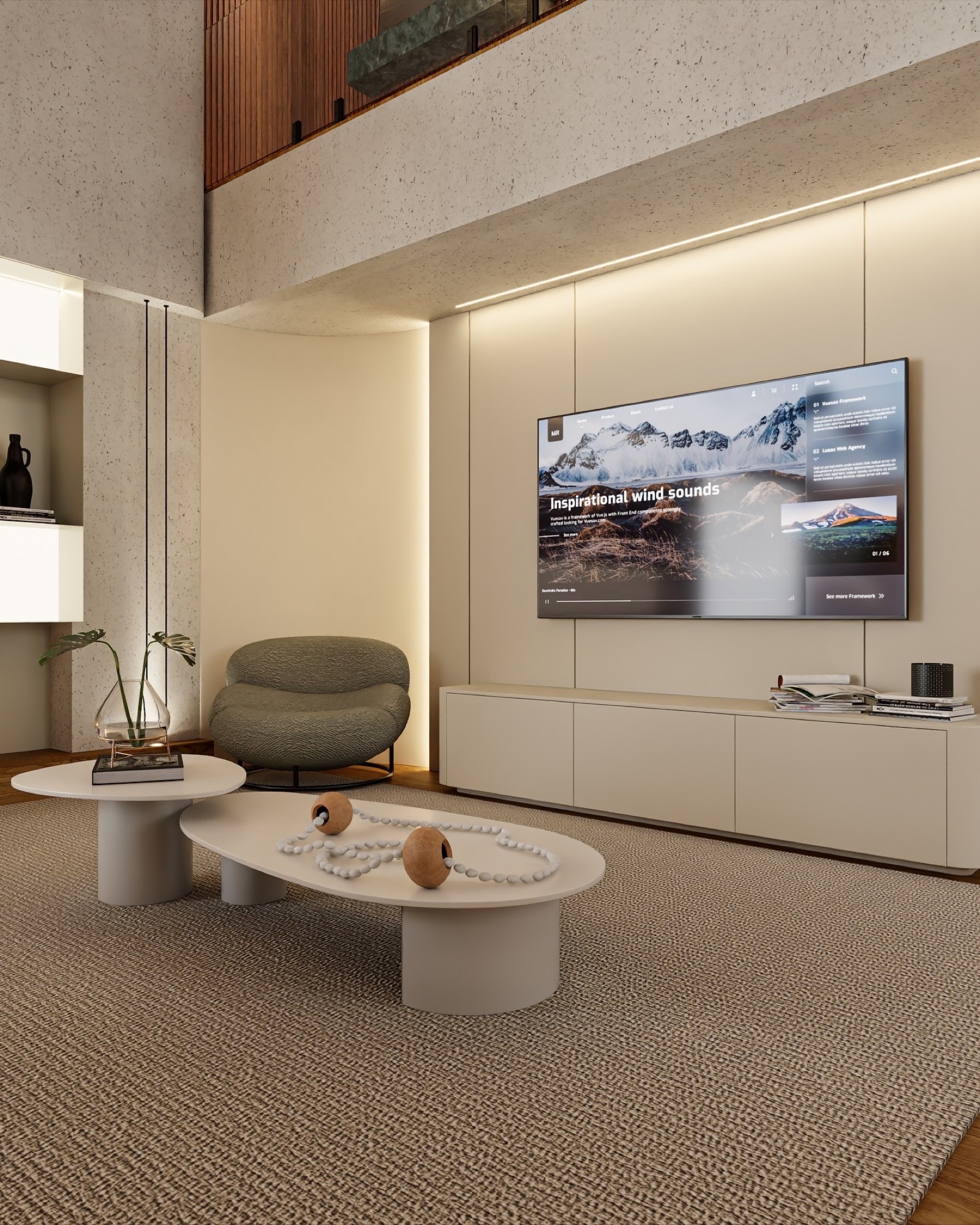 Living contemporâneo com pé-direito alto, painel de marcenaria e poltrona escultórica